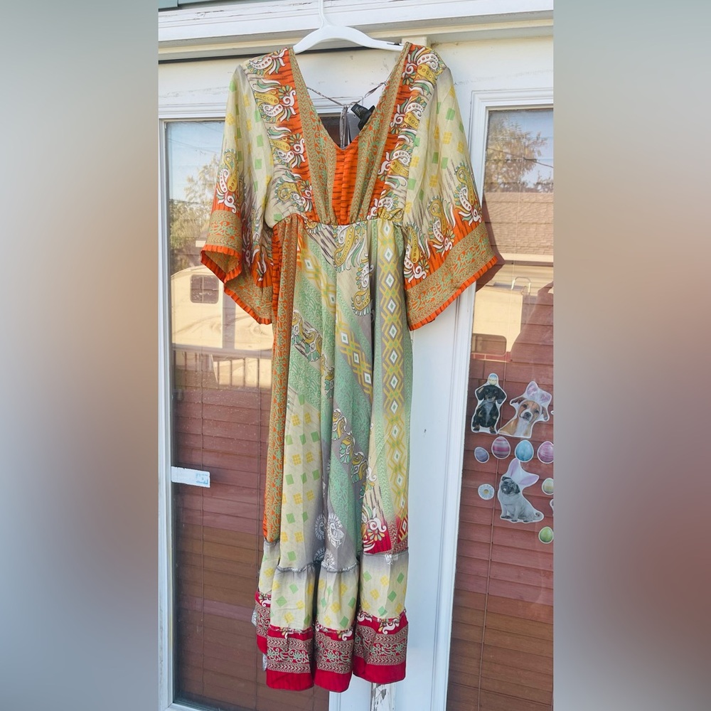 Silk blend Bohemian Green & Orange Maxi Dress with Paisley Print